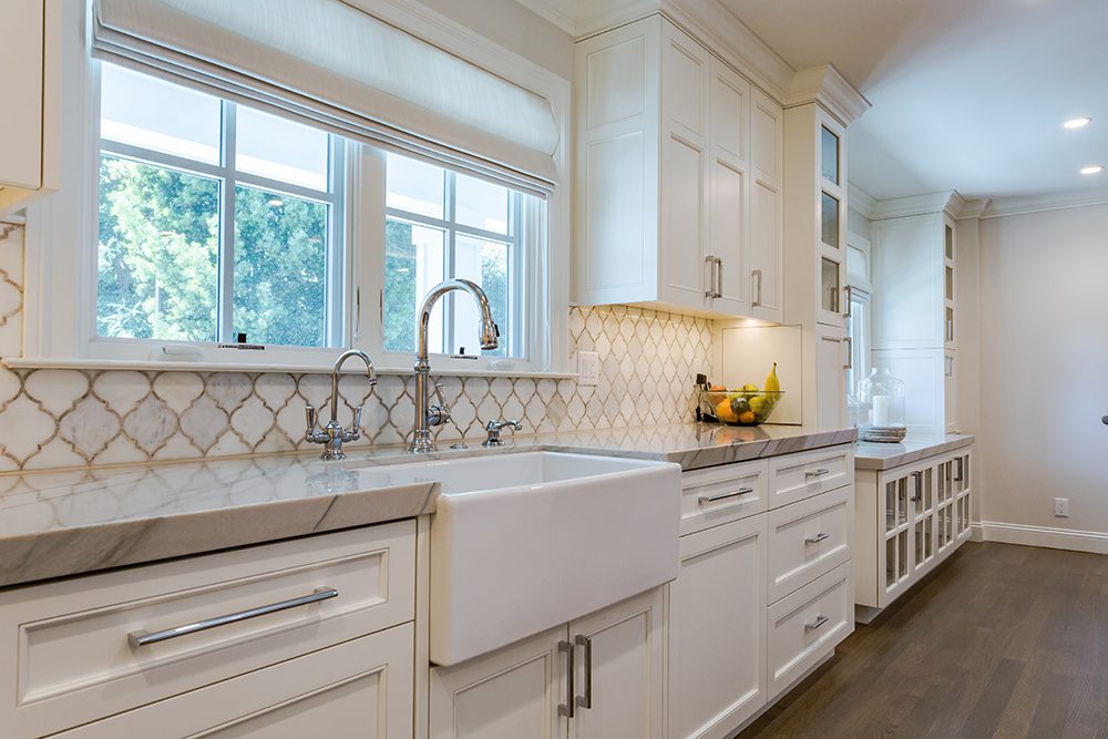 Custom Kitchen Cabinets, Custom Tile, White and Clean
