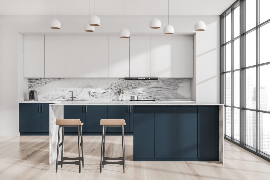 Minimalist,White,And,Blue,Kitchen,Interior,With,Breakfast,Bar,,Two