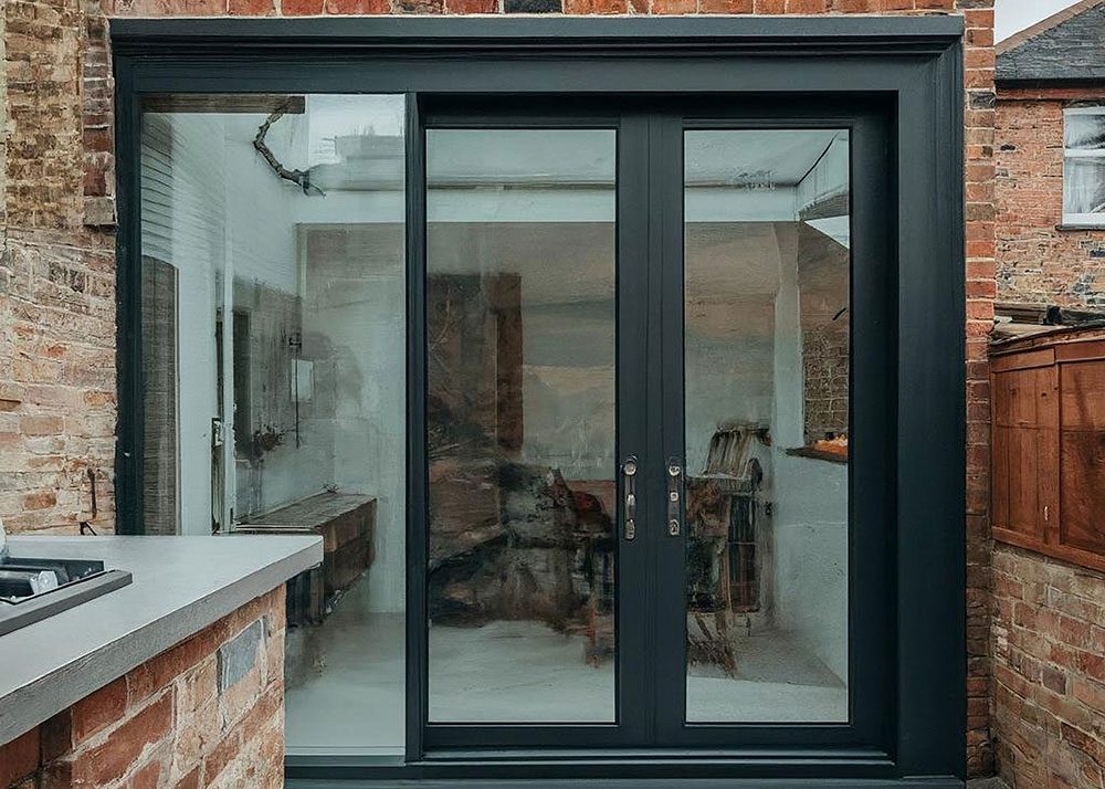 Modern exterior remodel with black framed glass doors and exposed brick walls